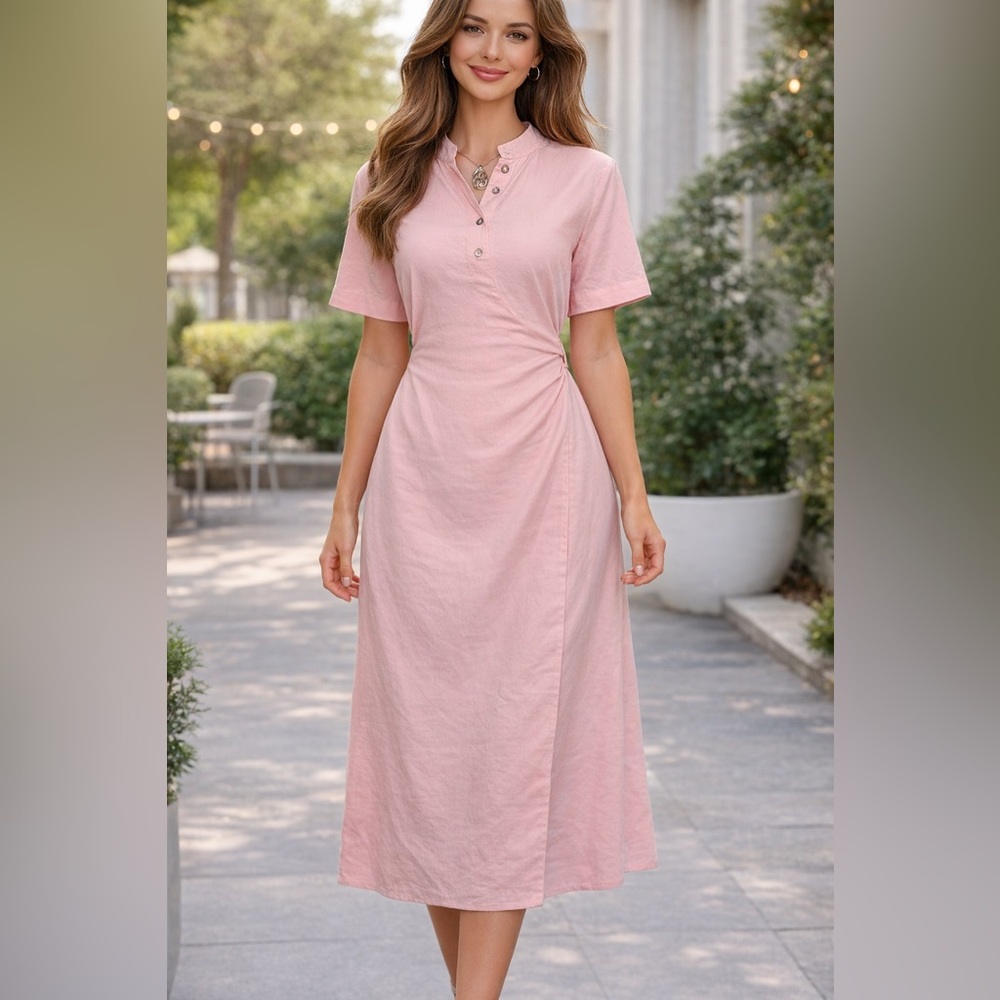 Poetry Shell Pink Midi Dress Linen Ecovero Blend w Pockets Size 12 NWT